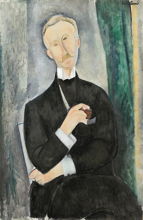 Portrait painting of a seated man in a black suit holding a brown object, with elongated facial features and a neutral background in green, yellow, and gray tones.