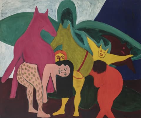 Colorful abstract painting depicting stylized human and animal figures. A pink horse stands on the left beside a human figure with leopard-print legs leaning forward. To the right, yellow and red figures interact around a yellow horse. In the background, a large dark green and blue shape looms over the scene, with dramatic, simplified forms and bold, flat colors creating a sense of movement and tension.