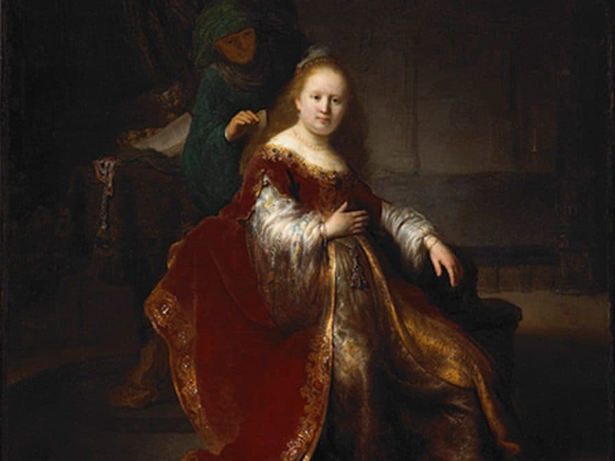 Painting of a seated Queen Esther in a richly detailed red and gold gown, with a figure standing behind her in shadow, against a dark, softly lit background.