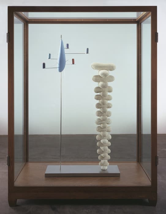A glass display case containing two modern sculptural objects. On the left is a tall, thin, metal rod supporting a light blue, vertical, fin-shaped form with four horizontal arms, each ending in small colored cylinders (red and blue). On the right stands a vertical, organic-looking column made of stacked, rounded, cream-colored, soft-textured shapes, resembling crocheted or knitted forms. The case has a simple wood frame and sits on a dark floor against a pale background.