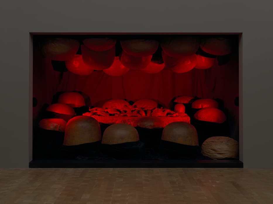 Darkened gallery space containing a sculptural installation bathed in red light. The scene features an arrangement of large, organic, dome-like forms resembling oversized seeds or pods, placed on the floor and hanging from above. The textured surfaces are illuminated by the dramatic red glow, creating a mysterious, immersive environment. The backdrop and surrounding walls are draped in black fabric, enhancing the theatrical atmosphere.