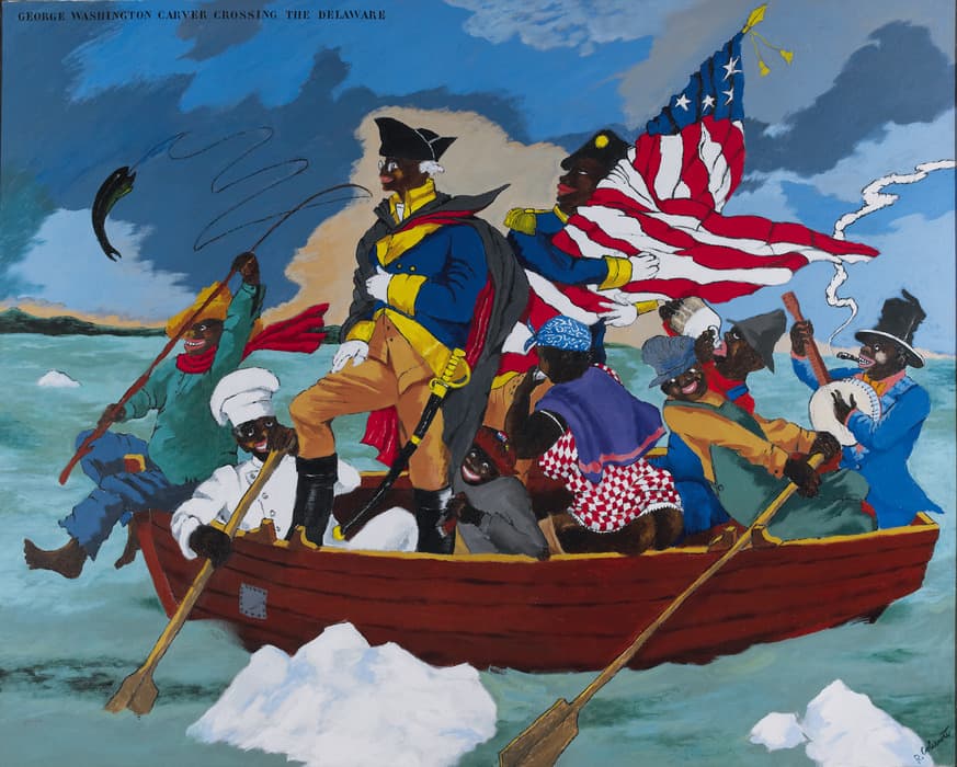 A vibrant, reimagined painting of George Washington Carver crossing the Delaware, with Black figures in historical and modern attire rowing a wooden boat through icy waters; an American flag waves dramatically behind them under a dynamic sky.