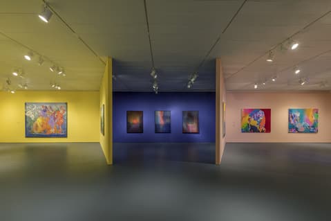 Wide view of an exhibition gallery with three color-coded sections. The left section has yellow walls displaying colorful figurative paintings; the center section has dark blue walls with five abstract gradient artworks; and the right section has pale pink walls displaying vibrant, multi-colored abstract paintings. The gallery is lit with overhead spotlights.