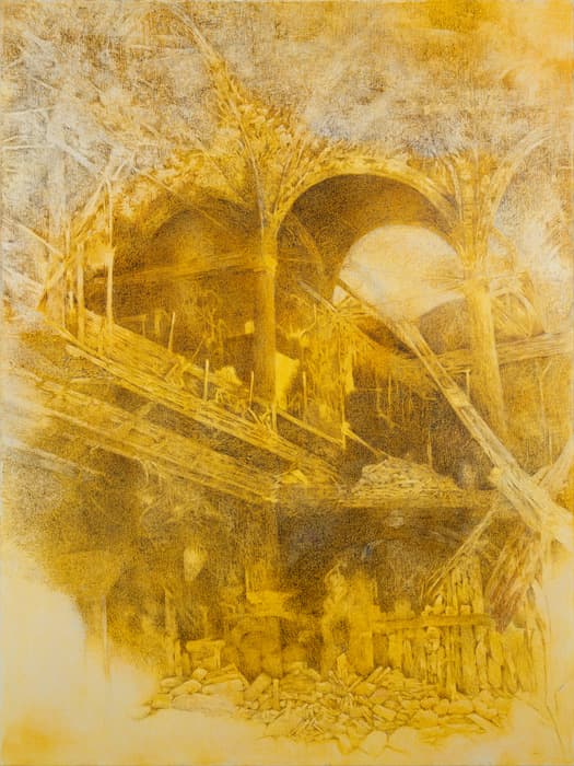 A textured yellow-toned painting depicting a partially ruined interior space with vaulted arches, columns, and scattered debris. The architectural forms are rendered in a delicate, almost ghostly style, evoking a sense of decay and memory.