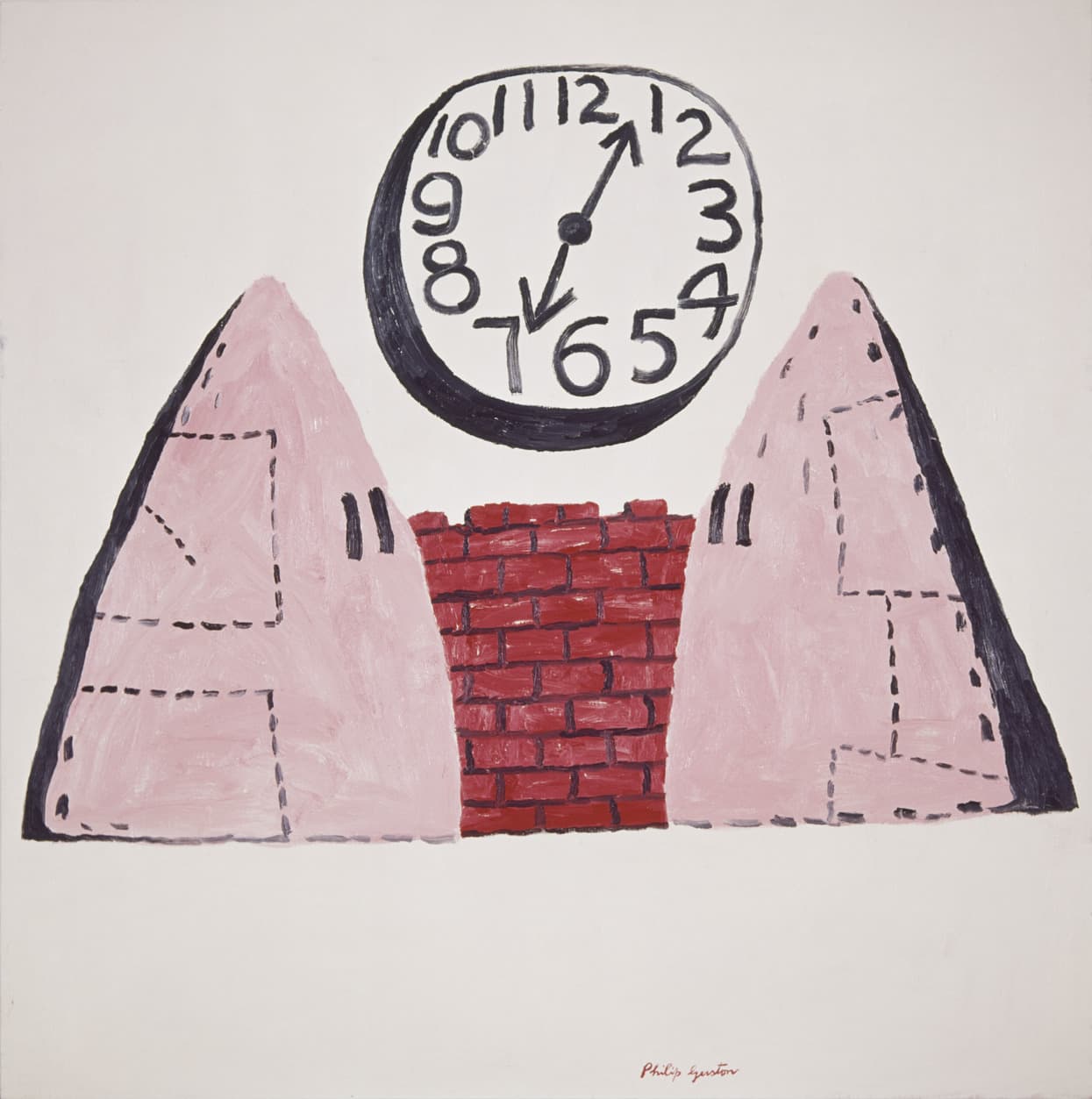 Painting by Philip Guston depicting two pink hooded figures with black outlines standing on either side of a red brick wall. Above them is a large black-and-white clock showing the time as approximately 12:35. The background is a plain off-white.