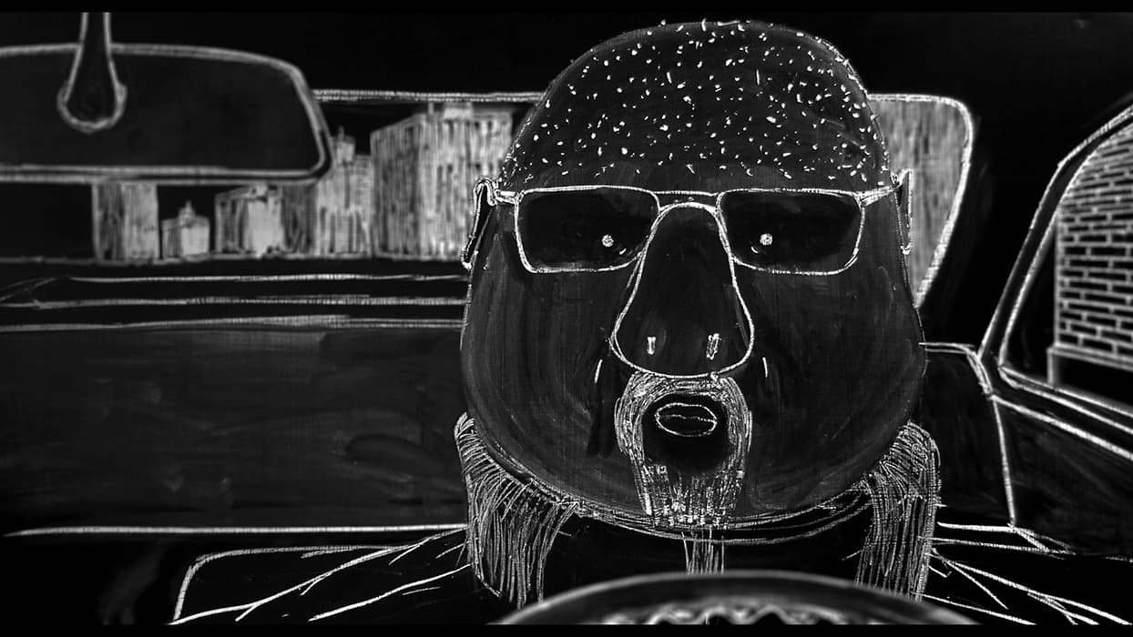 László Csáki, still from My Name Is Boffer Bings, 2012, chalk animation, sound, 19 min., 50 sec. Artwork © László Csáki, provided by Umbrella.tv and NextArt Gallery, Budapest