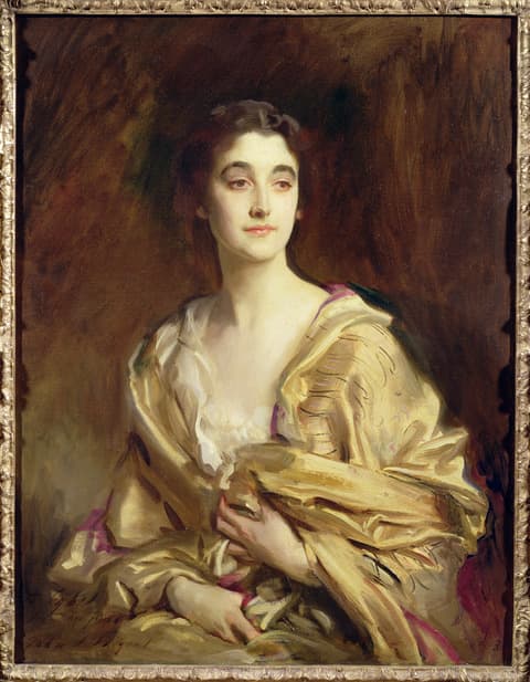 Oil portrait of a woman seated against a dark, textured background. She has dark hair pinned back and gazes slightly to her left. She wears a loose, flowing golden-yellow gown with hints of pink, exposing a white lace-trimmed bodice underneath. Her hands rest delicately in her lap, holding part of the fabric. The brushwork is loose and expressive, especially in the folds of the gown and background.