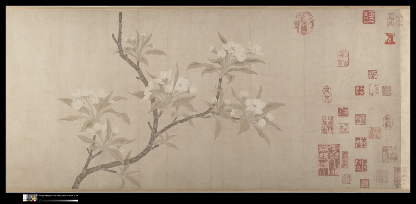 A Chinese ink and color painting on silk depicting a delicate blossoming branch extending diagonally across a beige background. The branch has multiple offshoots with soft green leaves and clusters of pale white flowers. The composition is minimal, emphasizing negative space. On the right side, numerous red collector's seals of various shapes and sizes are stamped vertically and horizontally across the silk, indicating ownership or appreciation by later collectors.