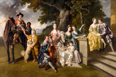 Large group portrait of an aristocratic 18th-century family gathered outdoors in an elegant garden setting. The central figures are finely dressed women, children, and men in elaborate silk garments with lace and embroidery. One woman plays a cello while others hold flowers, pets, and fans. A man stands beside a brown horse at left, accompanied by a young Black servant. Two women and a man sit on stone steps at right. A large oak tree and distant landscape fill the background, and a white poodle sits in the foreground.