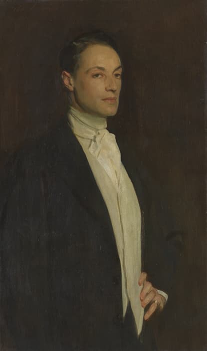 Oil portrait of a young man standing against a dark brown background. He wears a formal black suit jacket over a high-collared white shirt with a cravat. His left hand rests on his hip, and his right arm is relaxed at his side. The man has short dark hair and a composed, slightly confident expression, looking directly at the viewer.