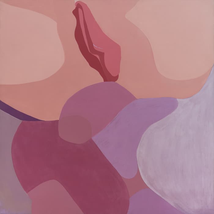 Abstract painting composed of overlapping organic shapes in pink, mauve, lavender, and burgundy tones, creating a fluid, sensual composition.