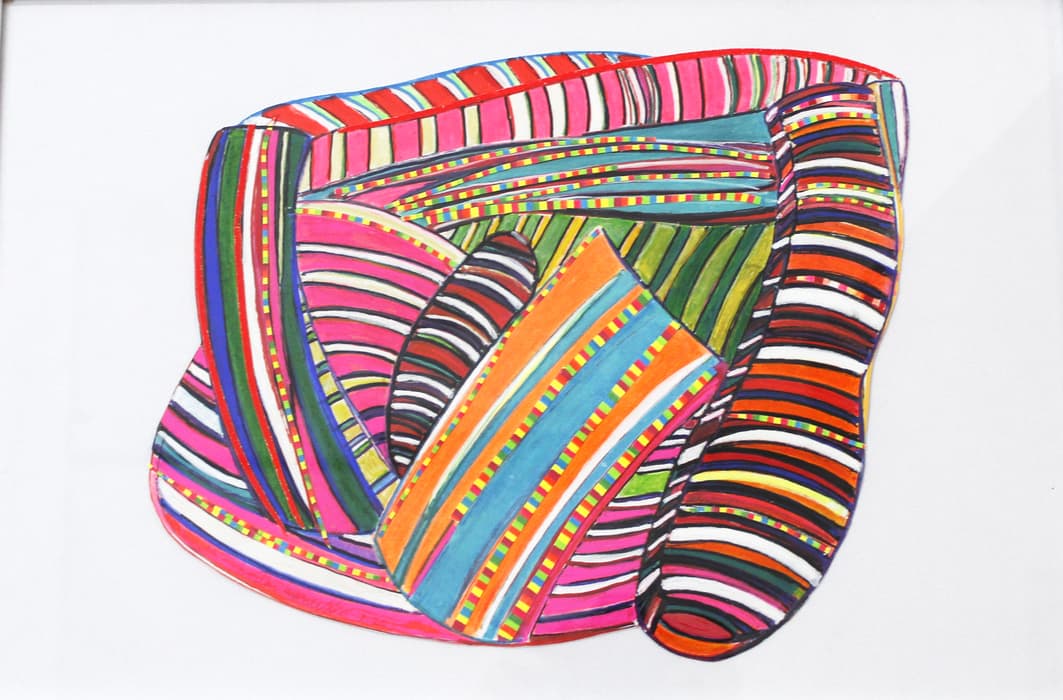 Abstract illustration of a colorful, intertwined bundle of tubular forms with varied striped patterns in bright reds, oranges, greens, blues, pinks, and blacks, set against a white background.