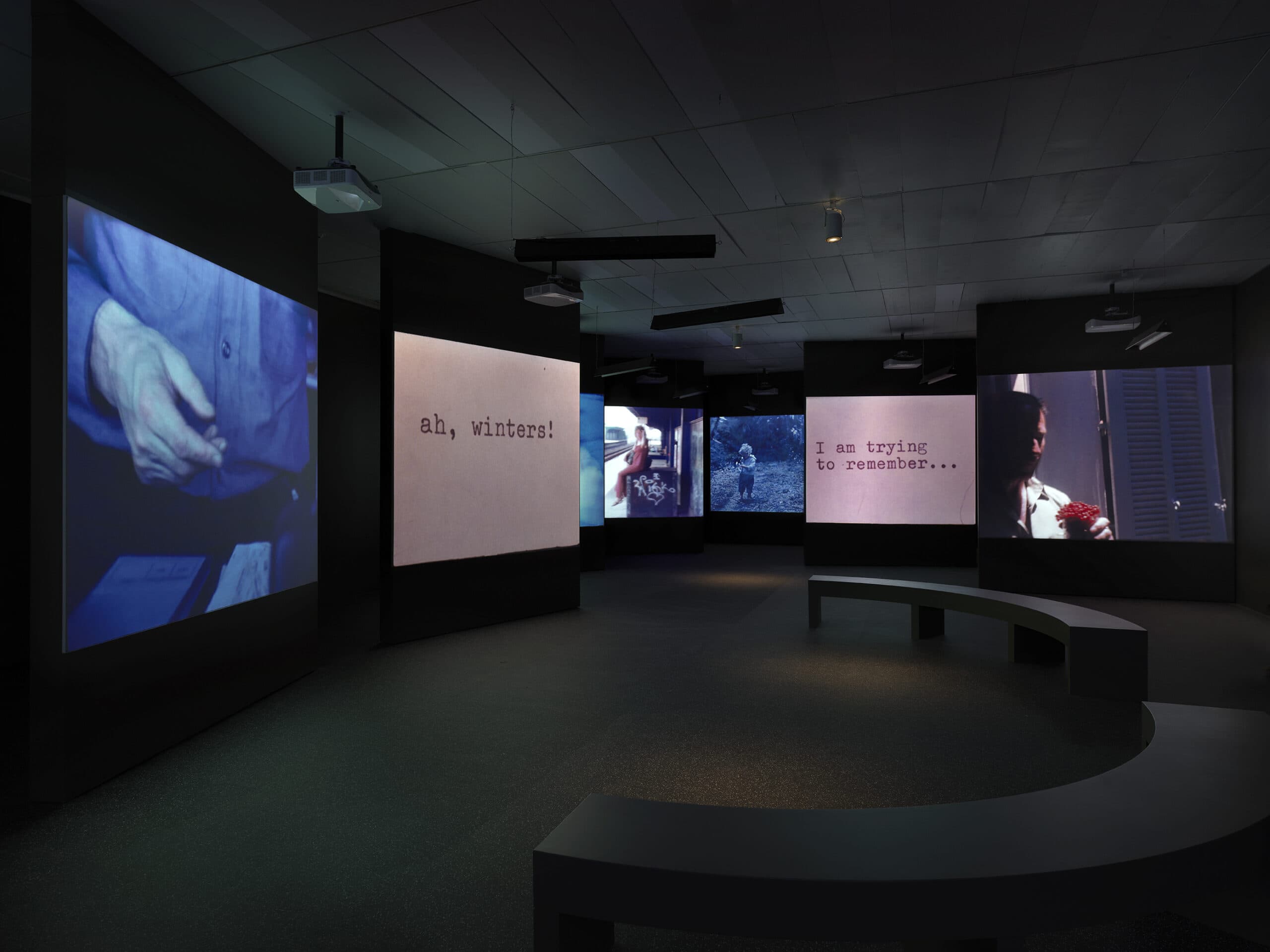 Darkened gallery space with multiple large projection screens displaying video clips and text, including phrases like 