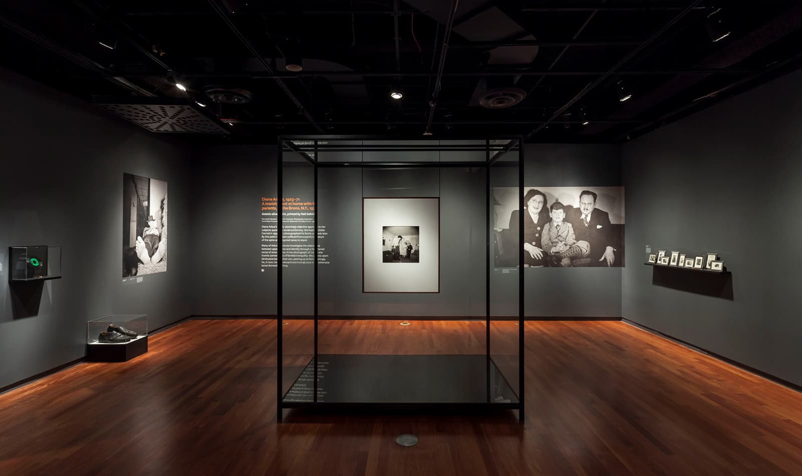 Exhibition installation shot featuring: Diane Arbus (American, 1923–1971), A Jewish giant at home with his parents, in the Bronx, N.Y., 1970, gelatin silver print, printed by Neil Selkirk, 19 7/8 × 16 in. (50.5 × 40.6 cm), The Jewish Museum, New York, Purchase: Photography Acquisition Committee Fund and the Horace W. Goldsmith Foundation Fund, 1999-3. Artwork © The Estate of Diane Arbus. Exhibition gallery photo by David Heald.