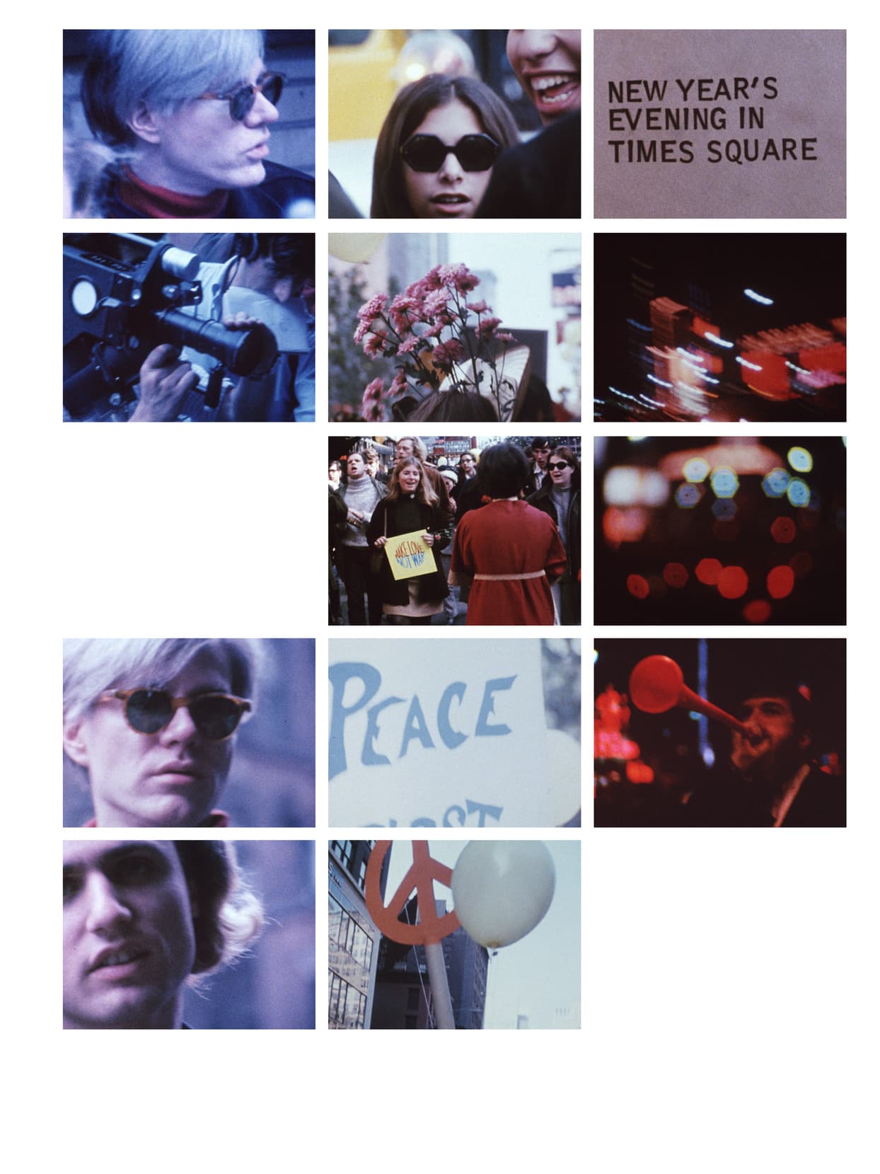 Collage of twelve color film stills featuring Andy Warhol, people with cameras, flowers, Times Square lights, peace protests, and signs reading “PEACE” and “NEW YEAR’S EVENING IN TIMES SQUARE.”