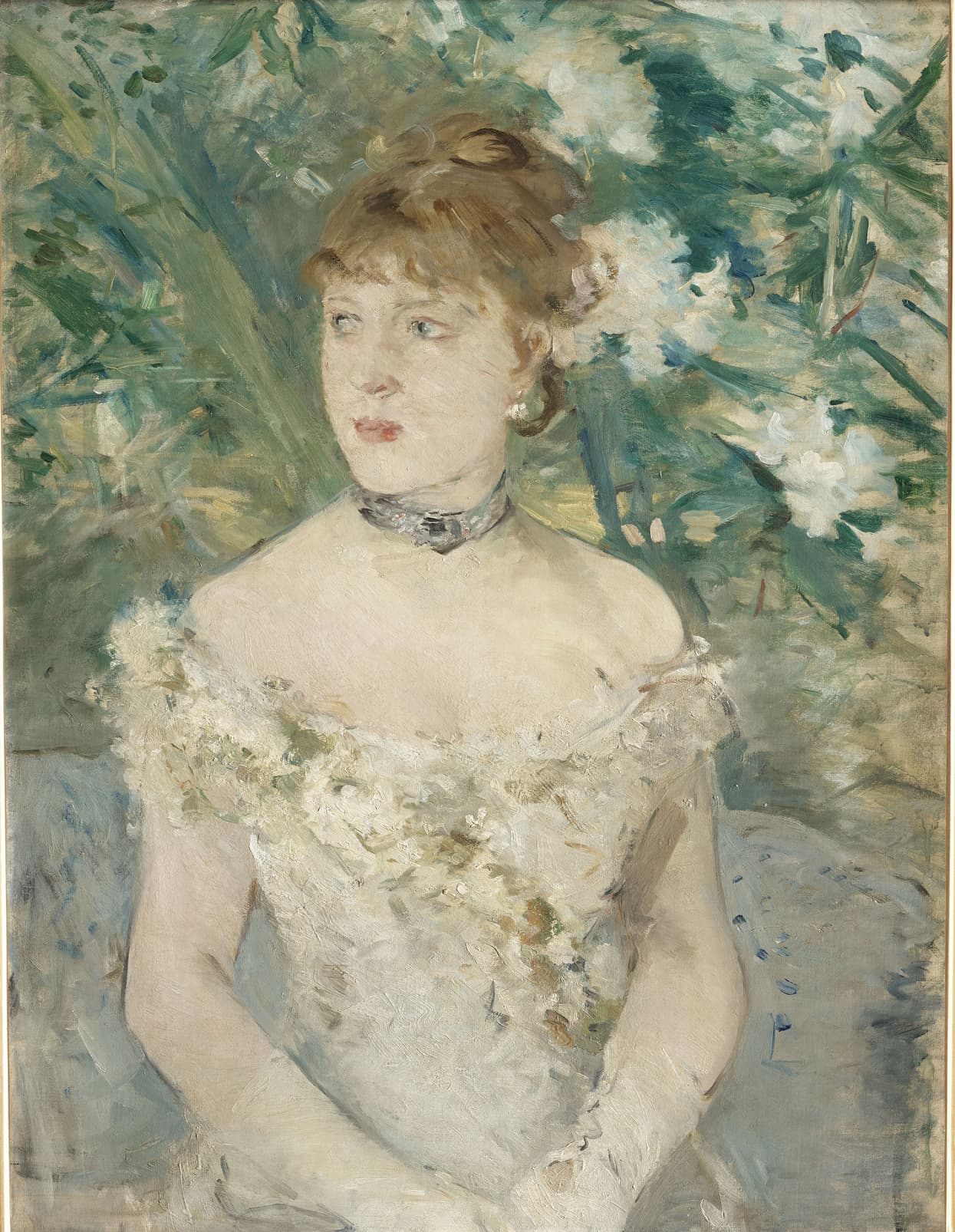 Portrait of a woman in a light, off-the-shoulder dress with floral details, set against a loose, painterly green and white floral background. She has brown hair pinned up and wears a black choker necklace.
