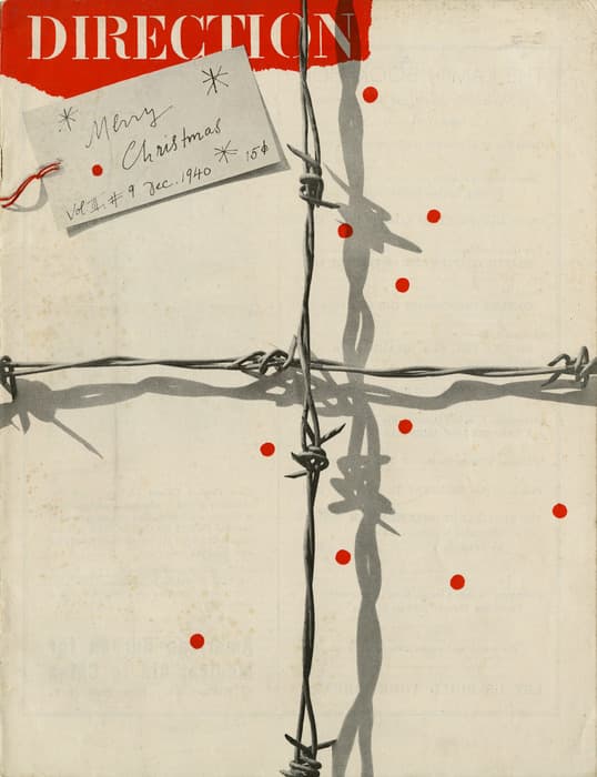 Cover of Direction magazine, December 1940 issue, featuring intersecting barbed wire creating a cross shape against a beige background with scattered red dots. A handwritten holiday tag reading 