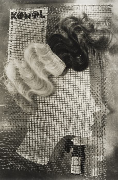 Surreal black-and-white collage of a female profile made from mesh wire, with light and dark hair swatches placed on top to mimic styled waves. In the upper left corner is the text 