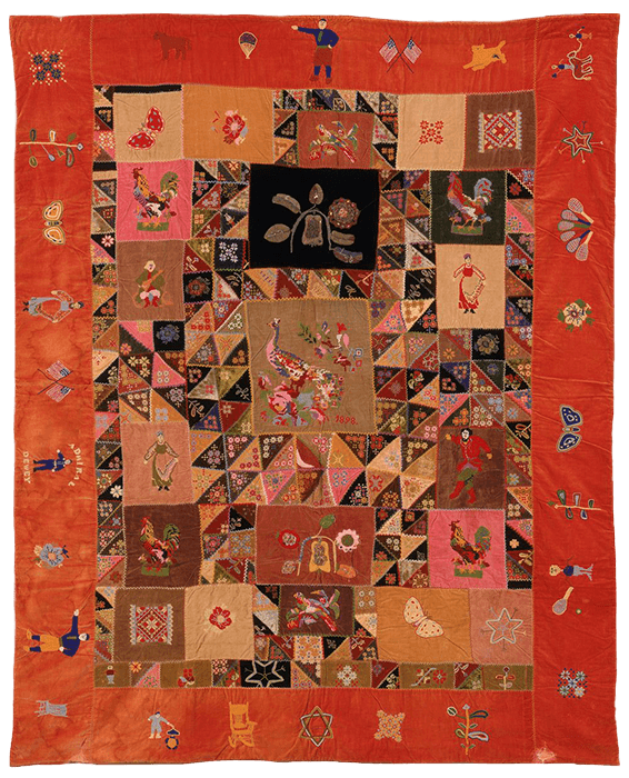 Quilt, Russia and United States, c. 1899, velvet: embroidered with wool, silk, and metallic thread; glass beads, 81 1/2 × 65 in. (207 × 165.1 cm). The Jewish Museum, New York, Purchase: Judaica Acquisitions Fund, 1986-119.
Photo: Joseph Sachs.