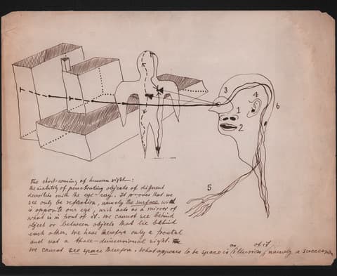 Hand-drawn diagram showing a simplified human figure standing in front of a stepped platform, with dashed lines indicating visual perception paths leading to a profile view of a head on the right. The head is labeled with numbered sections related to visual processing. Below the drawing is handwritten explanatory text discussing how humans perceive space and depth.