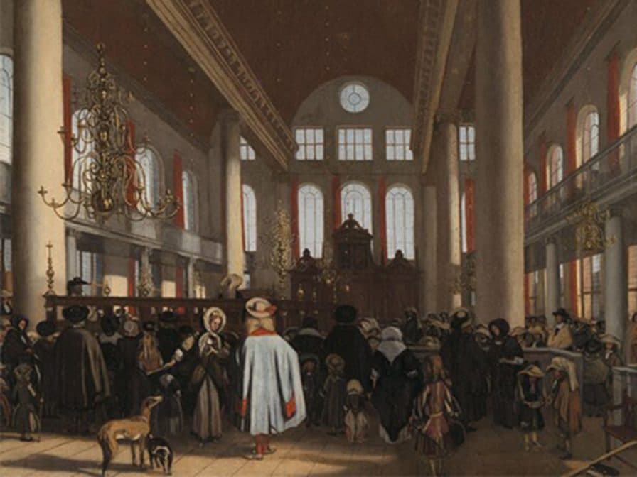 Painting of an interior synagogue scene with large columns, chandeliers, tall windows, and a congregation of people gathered in period dress, including a central figure in a light blue coat.