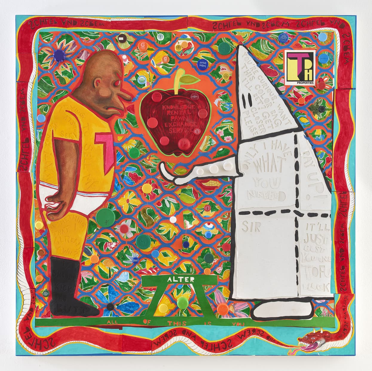 Colorful painting by Trenton Doyle Hancock showing a cartoon-like Black figure in yellow facing a hooded white figure offering an apple, set against a vibrant, patterned background with symbolic text and imagery.