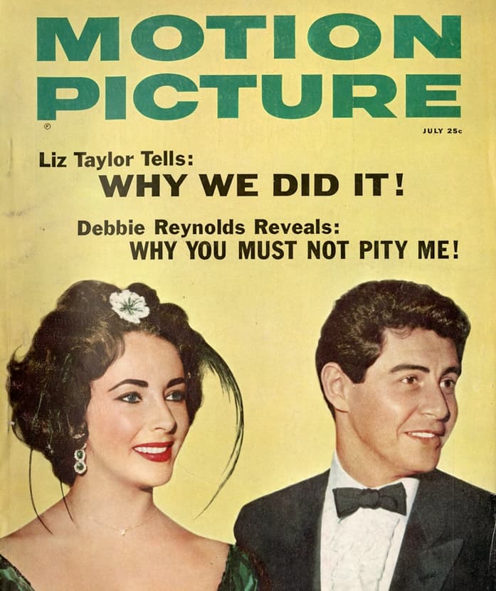Elizabeth Taylor and Eddie Fisher, on the cover of Motion Picture magazine, July 1959.