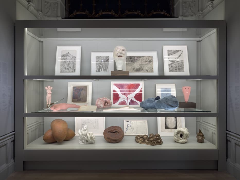 A large glass display case with three shelves, showcasing a diverse collection of sculptures, drawings, and mixed media works. The top shelf features three framed line drawings of abstract forms and a white sculpted head with an open mouth on a small pedestal. The middle shelf displays several sculptural pieces: a small pink figurine, a disembodied hand, a pink head, a red and white abstract painting, a blue organic-shaped sculpture, and a small pink mask-like object. The bottom shelf holds rounded terracotta forms, a white abstract piece, a coiled form, and additional framed sketches and artworks. The display sits against a light gray wall in an ornate gallery space with decorative molding.