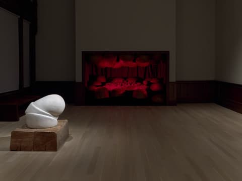 A dimly lit museum gallery with two distinct sculptures. In the foreground, a smooth white abstract marble sculpture sits on a wooden base, resembling organic or biomorphic forms. In the background, a recessed display glows red, revealing a dramatic installation of bulbous, rounded forms suspended from above and arranged on the floor, creating a cavernous, womb-like atmosphere. The room features pale wood floors and dark wood trim.