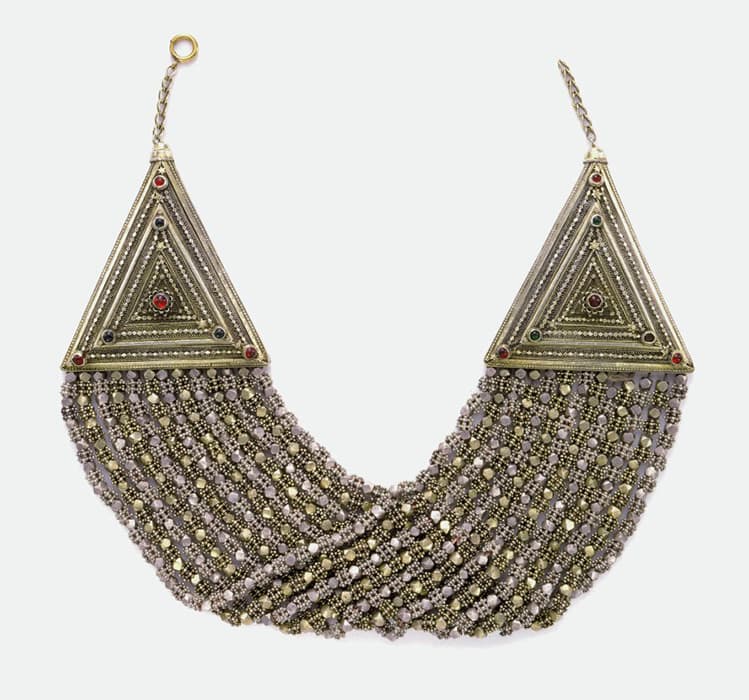 Necklace. San'a (Yemen), 19th-20th century. Silver: granulated, filigree, parcel-gilt, appliqué, engraved, and punched; glass. 3 7/8 x 22 3/8 in. (9.9 x 56.8 cm). The Jewish Museum, New York. Purchase: Gift of Dr. Harry G. Friedman, by exchange, 1994-76