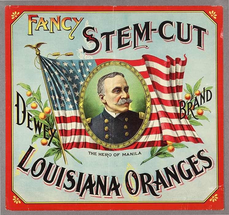 Dewey Brand orange box label, United States, c. 1899, color lithograph.  Jay T. Last Collection of Lithographic and Social History, Huntington Digital Library. 
Photograph provided by the Huntington Digital Library.