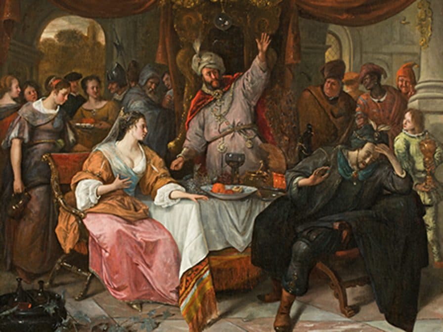 Historical painting depicting a dramatic scene with Queen Esther pointing toward a distressed man as King Ahasuerus stands angrily, surrounded by courtiers and attendants in a lavish banquet setting.