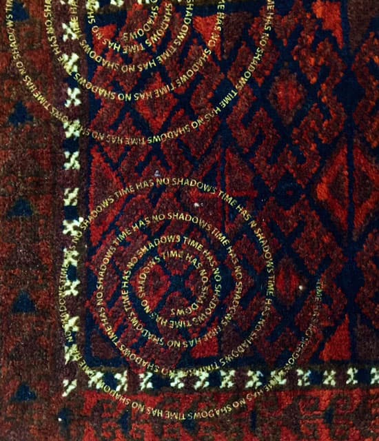 Time Has No Shadows, work in progress. Antique oriental rug and gold silkscreen.(c) Valeska Soares