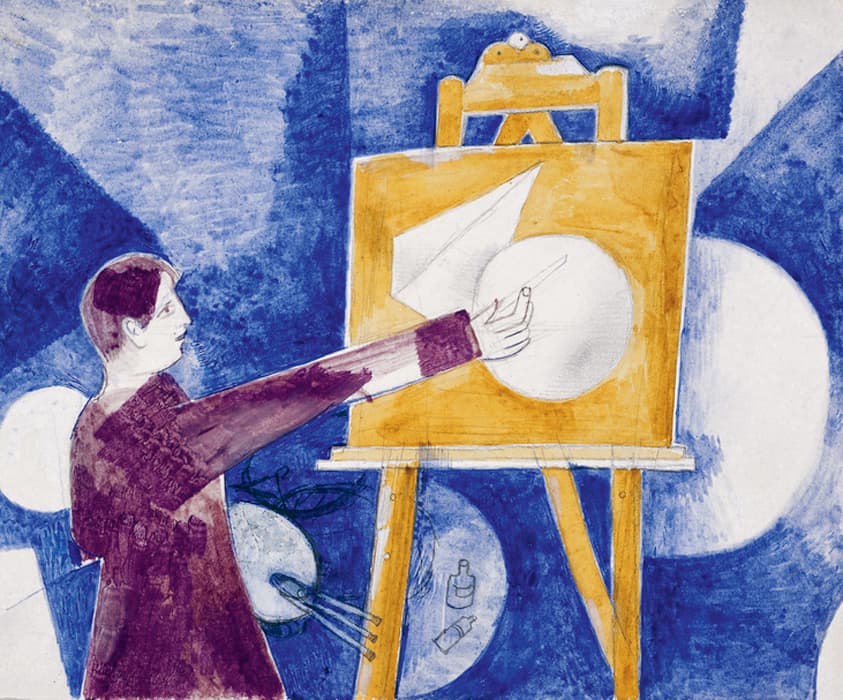 A stylized drawing of an artist in a maroon smock sketching geometric shapes on a canvas at an easel, with a palette and brushes at their side. The background is filled with abstract blue and white shapes.