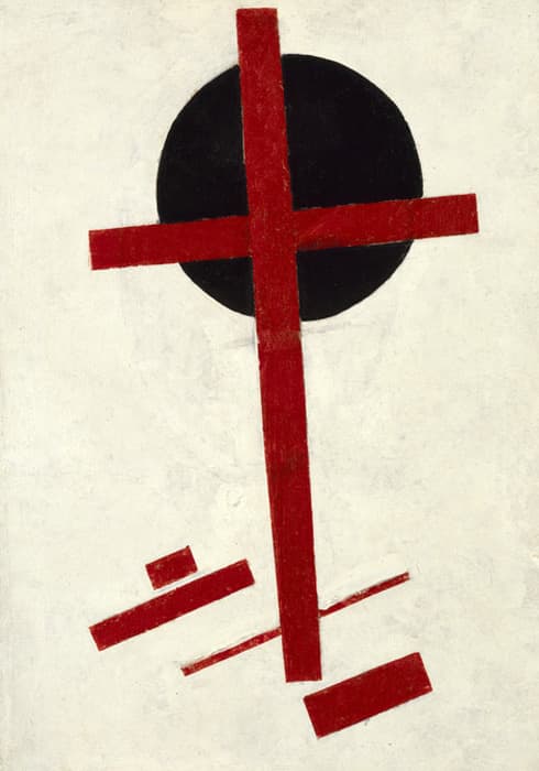 An abstract Suprematist composition featuring a large black circle partially obscured by intersecting red bars, set against a textured white background with smaller red and black geometric shapes below.