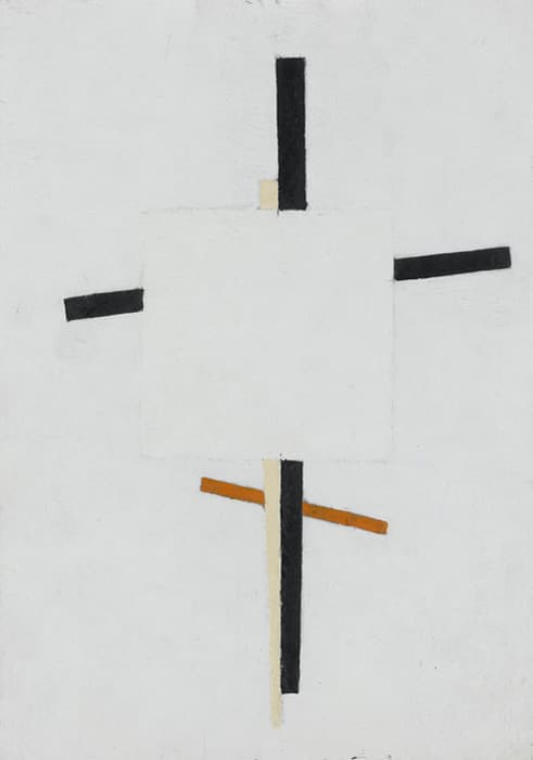 Minimalist abstract painting featuring a central white square intersected by black, orange, and beige rectangular bars on a white background.