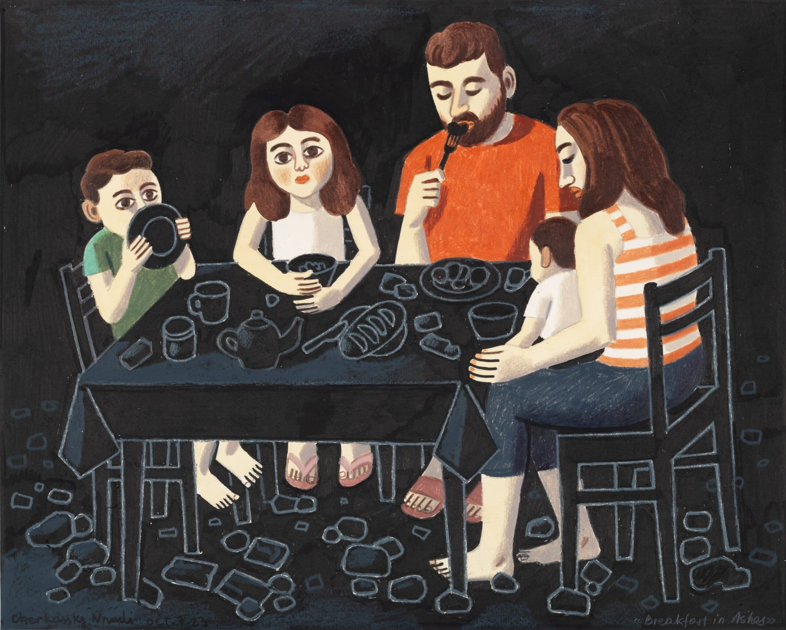 Illustration of a family sitting around a table eating breakfast. The scene includes two adults, a teenage girl, a young boy drinking from a bowl, and a toddler on the mother's lap. The table is filled with simple dishes like bread and tea, and broken pieces of crockery are scattered on the floor. The background is dark, creating a somber atmosphere. The artwork uses flat shapes, muted tones, and minimal shading with accents of orange, green, and white.