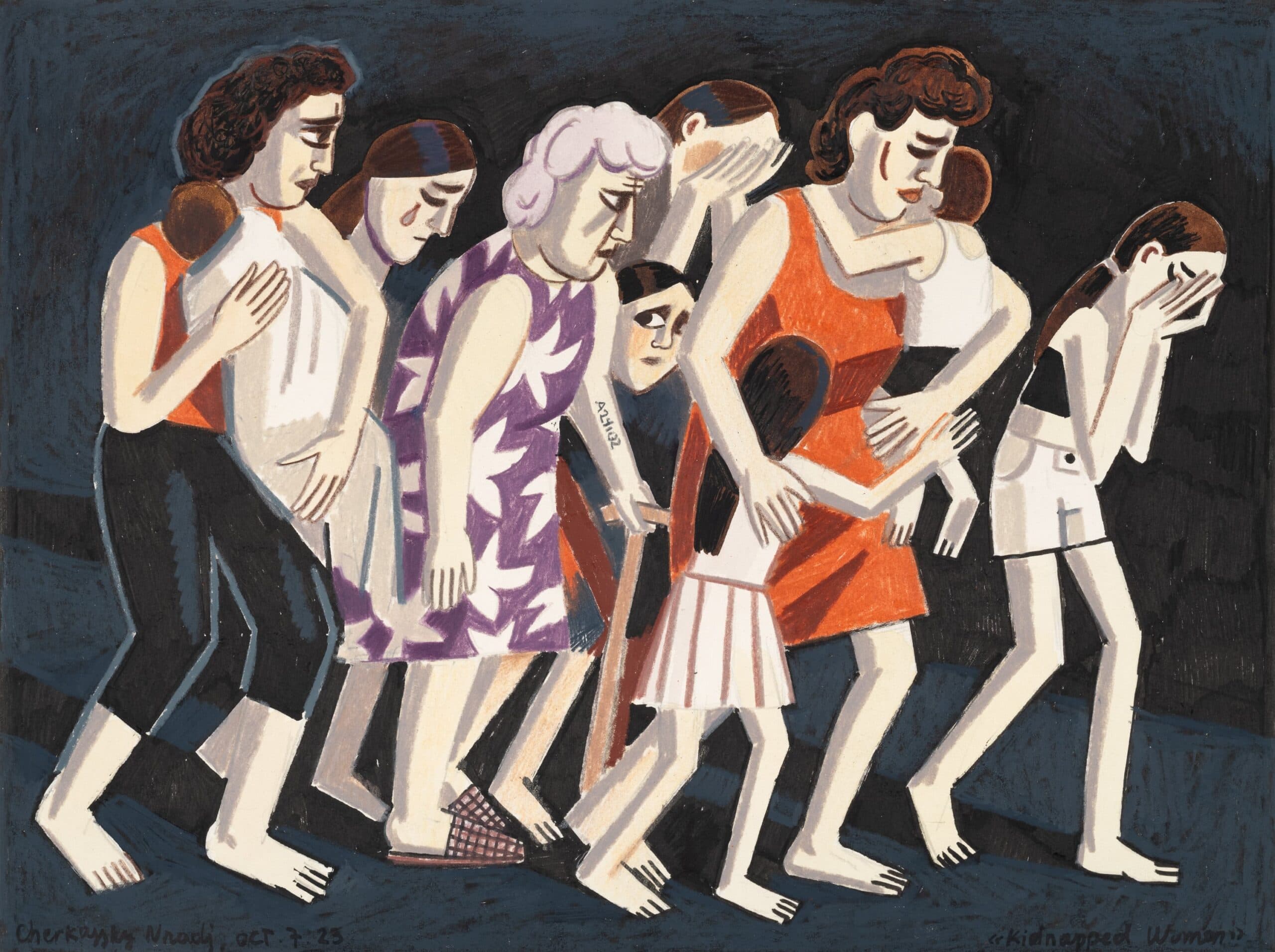 Illustration of a group of distressed women and children walking together against a dark background. The figures appear sorrowful, some covering their faces, others comforting one another. The artwork uses simplified forms, strong outlines, and a muted color palette with shades of red, purple, and beige.