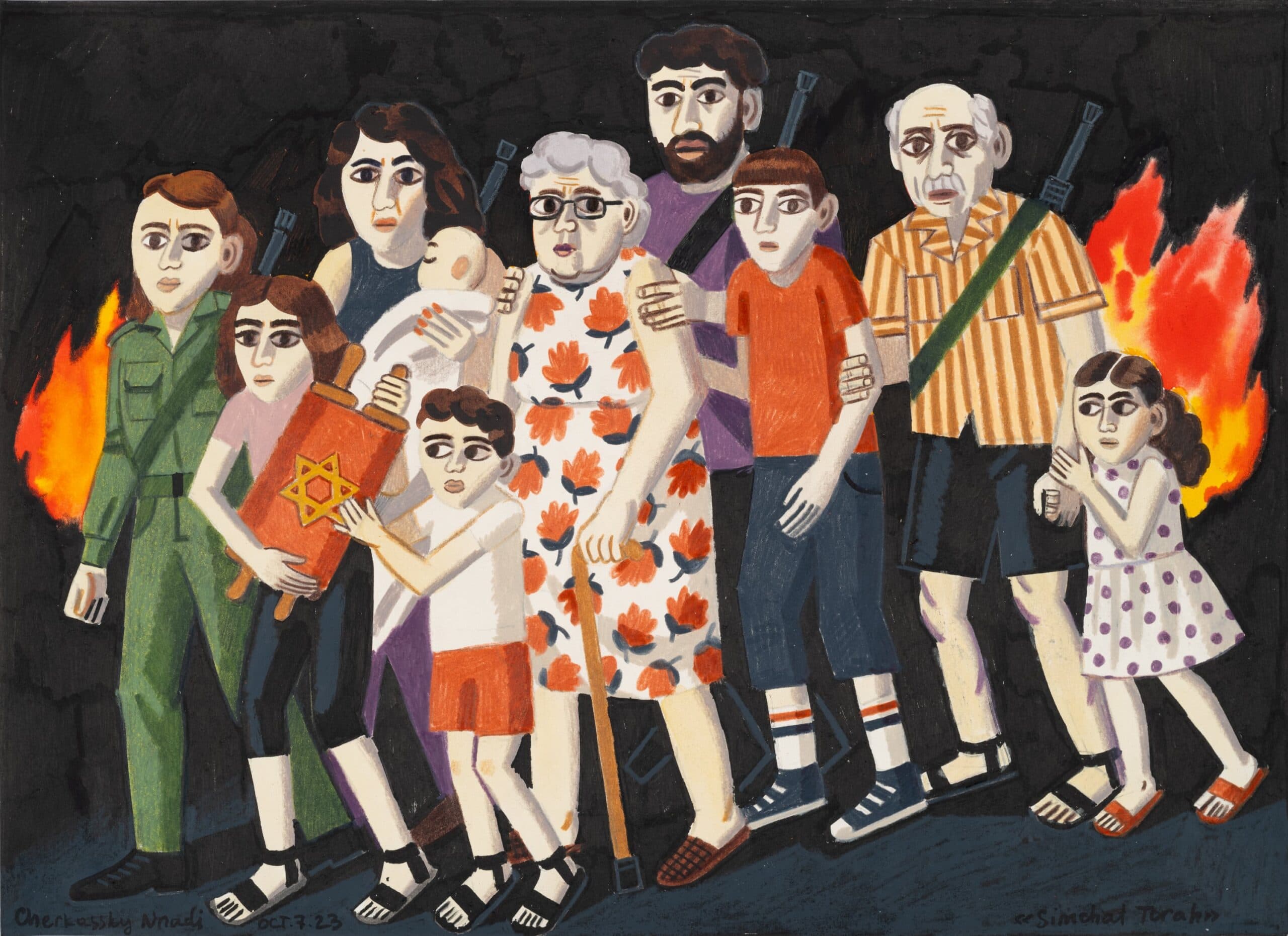 Illustration of a group of people standing together in a dark setting with flames in the background. The group includes men, women, children, and an infant, with several figures holding rifles slung over their shoulders. One child holds a Torah scroll with a yellow Star of David on its red cover. The people display serious, somber, or fearful expressions. The figures are depicted in a flat, graphic style using muted tones with accents of red, orange, and green.