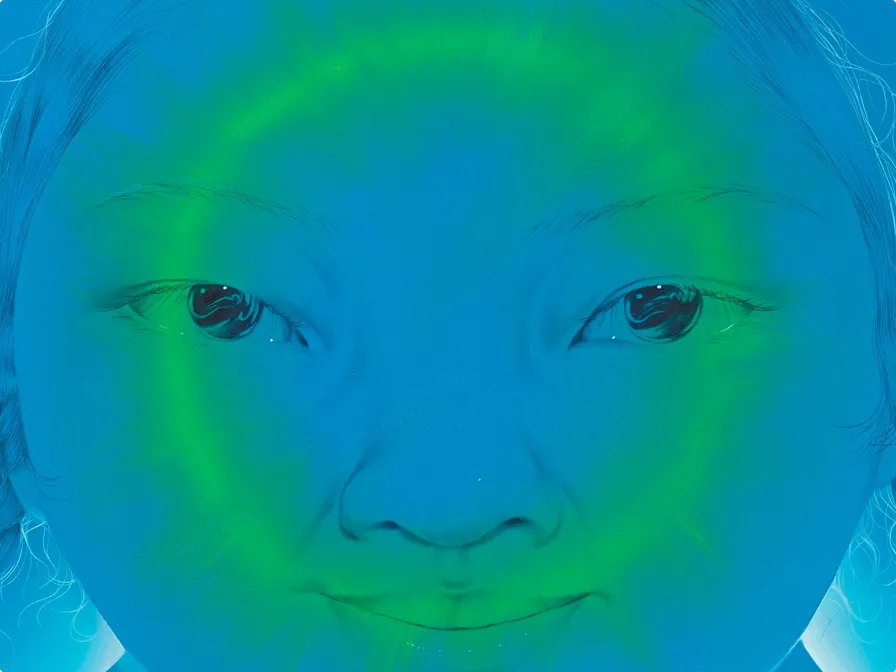 Surreal portrait of a person with braids, large round face, and softly smiling expression, rendered in bright blue tones with a green circular glow radiating from the center of the face.