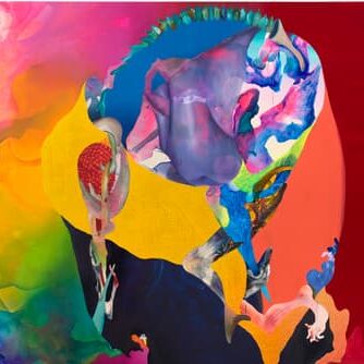 Vibrant abstract painting with swirling organic shapes in bright colors including pink, red, yellow, green, and blue, featuring layered textures and surreal, fragmented anatomical forms.