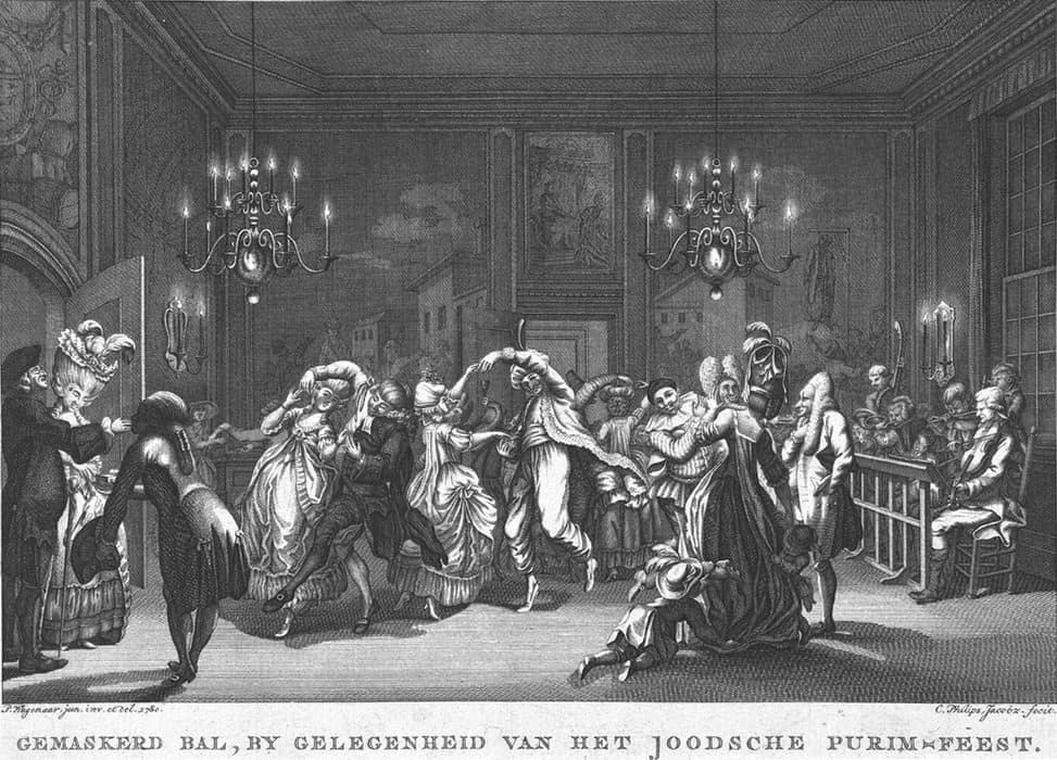 Engraving of a lively masquerade ball with elaborately dressed figures dancing and socializing under chandeliers, captioned in Dutch referencing the Jewish festival of Purim.