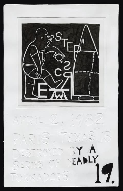 Black-and-white artwork by Trenton Doyle Hancock depicting a cartoon-like Black figure facing a hooded figure, surrounded by abstract text and symbols, with the caption below reading: 