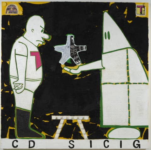 Painting by Trenton Doyle Hancock showing a cartoon-like Black figure in white with a red 