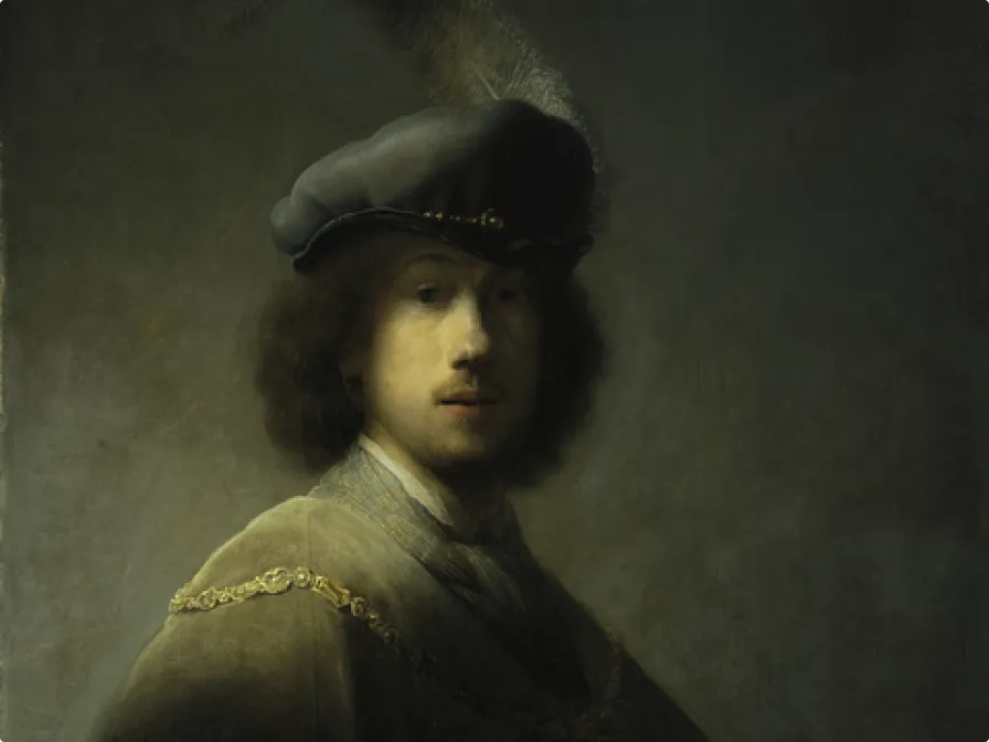 Portrait of a young man wearing a dark feathered hat and gold chain, set against a dark background, painted with dramatic lighting and rich detail.