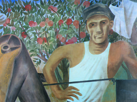 Painting of a man in a white tank top and cap standing in front of a tree with red fruit, with one arm resting on machinery and laundry hanging in the background.