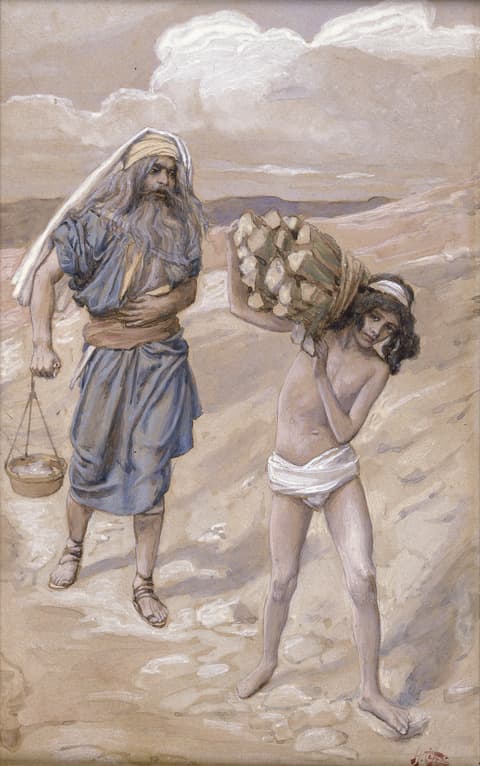 James Tissot, Isaac Bears the Wood for His Sacrifice, c. 1896-1902. Gouache on board, 8 3/4 x 5 7/16 in. (22.2 x 13.8 cm). The Jewish Museum, New York, Gift of the heirs of Jacob Schiff.