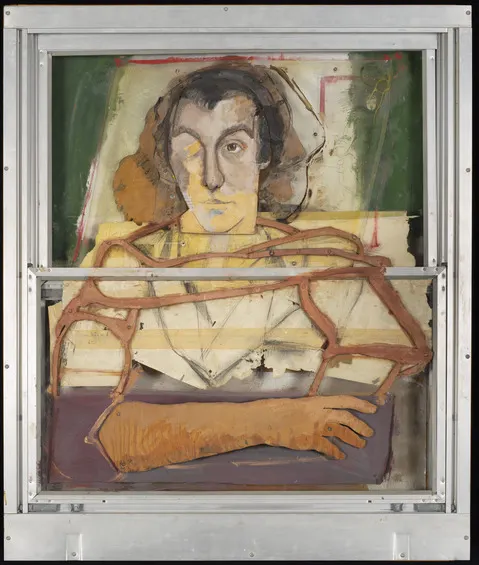 Abstract portrait of a person with folded arms, rendered in muted tones of brown, green, and yellow, framed within a metal structure.