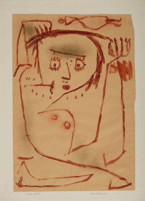 Paul Klee, "Foreboding (Vor=Ahnung)," 1939, 1092. Oil on paper, 23 5/8 × 16 1/4 in. (60 × 41.2 cm). Museum Folkwang, Essen. © 2026 Artists Rights Society (ARS), New York