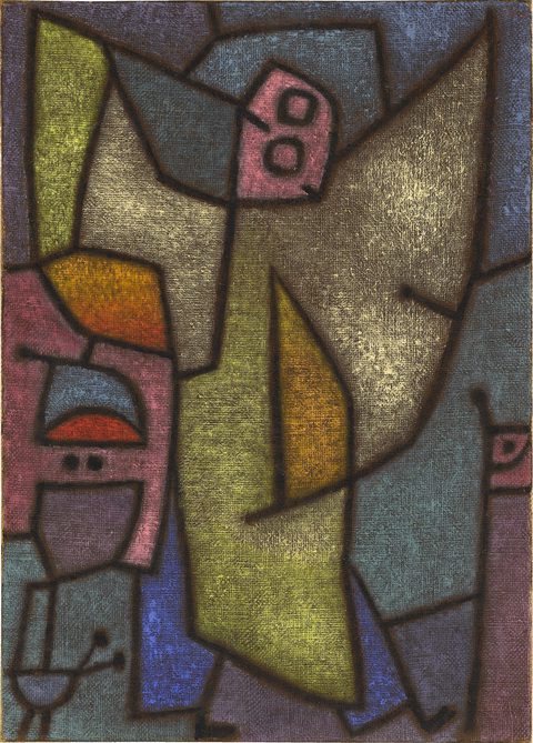 Colorful painting of a geometric angel, giving the impression of raised wings and tiled head. Shapes are defined by thick black lines, and each filled with a different textured color: bright pink, green, and blue, white, orange, and dark blue.